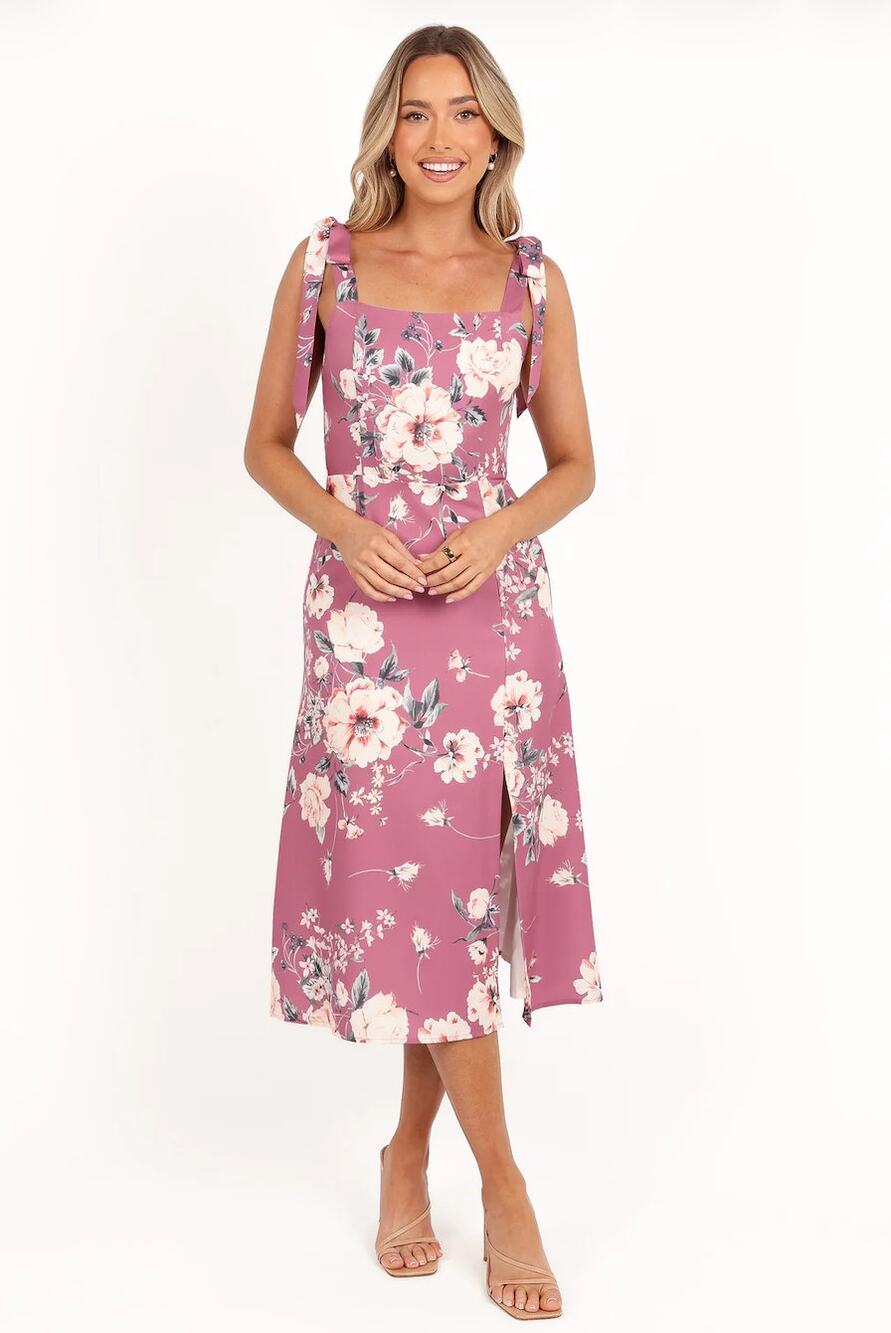 Petal & Pup Laurel Midi Dress Dark Rose Floral Square Neck Tie Strap Size 12